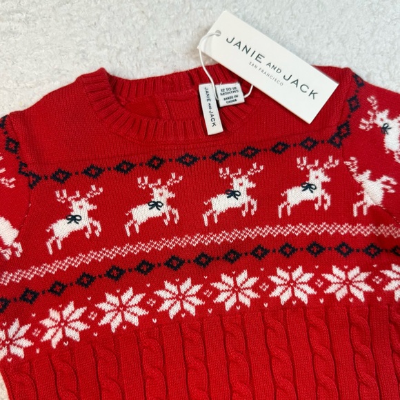 Janie and Jack Other - Janie and Jack Red Reindeer Christmas Knit Sweater Ruffle Sleeve 12-18 mnths NWT